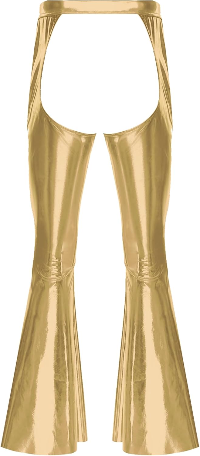 Mens Shiny Metallic Chaps Pants 60s 70s Disco Outfits Bell Bottom Pants Trousers Flared Leggings
