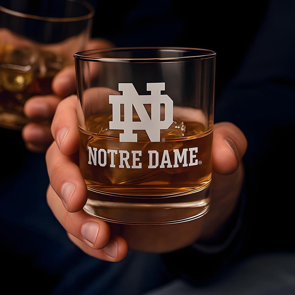 Notre Dame Fighting Irish Whiskey Glass Set – 2-Sided Satin Finish Rock Glasses – Heavy-Duty Notre Dame Glassware – Cocktail & Bourbon Glasses – Boxed Set of 2, 14 oz