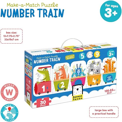 Miniatura 8 de Banana Panda Make-a-Match - Rompecabezas de tren de números - Aprende números del 1 al 10 y colores con 30 piezas grandes y una guía para padres con