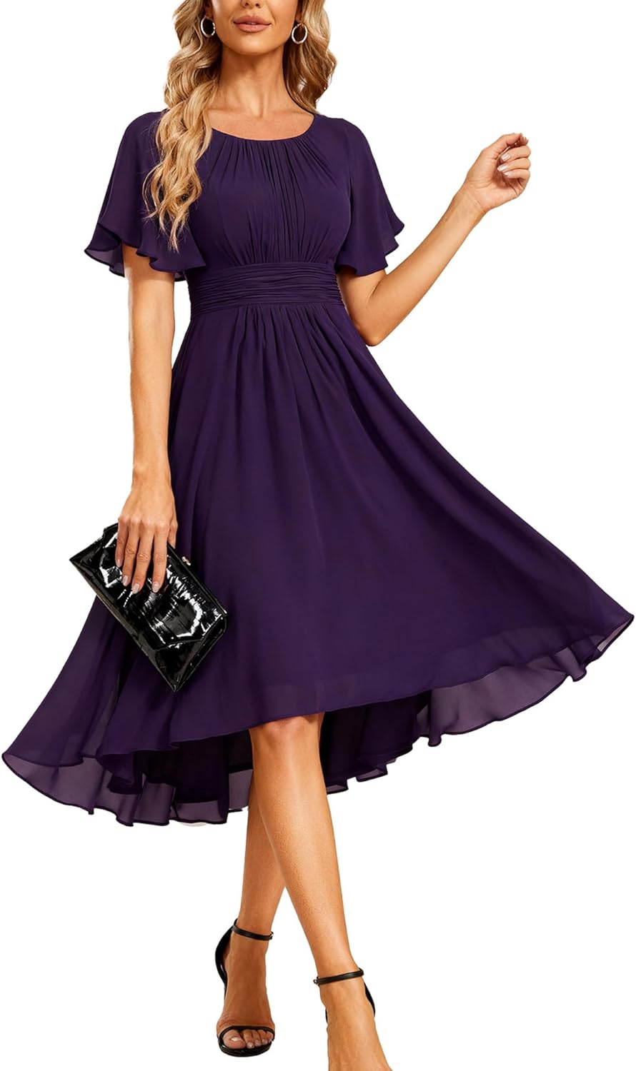 Ever-Pretty Women's Chiffon Crew Neck Empire Waist Short Sleeve Semi Formal Dresses Wedding Guest Dress 02053