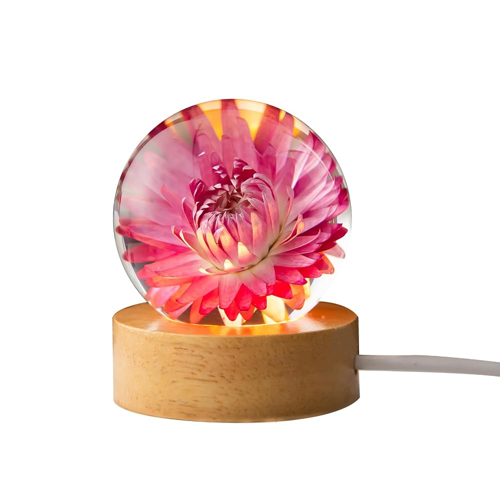 QENETY Flower Night Light with Crystal Ball 6cm Epoxy Resin Night Light with Wooden Base Removable Crystal Ball Bedroom Table Lamp : Amazon.it: Lighting