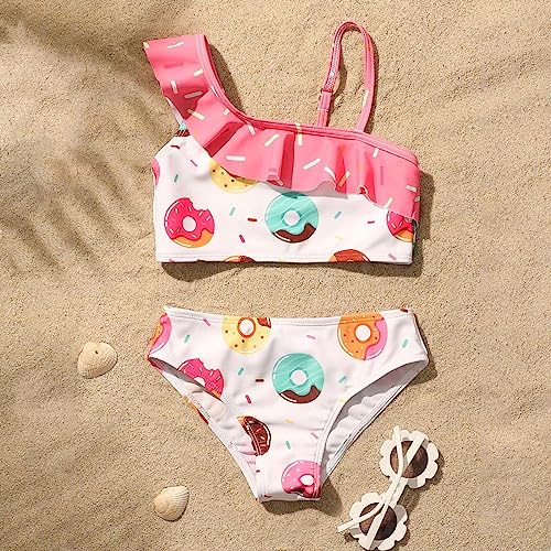 Girls One Shoulder Donut Pattern Ruffle Split Two Piece Swimsuit Spaghetti Strap Bathing Suit Summer Beach Swimwear3