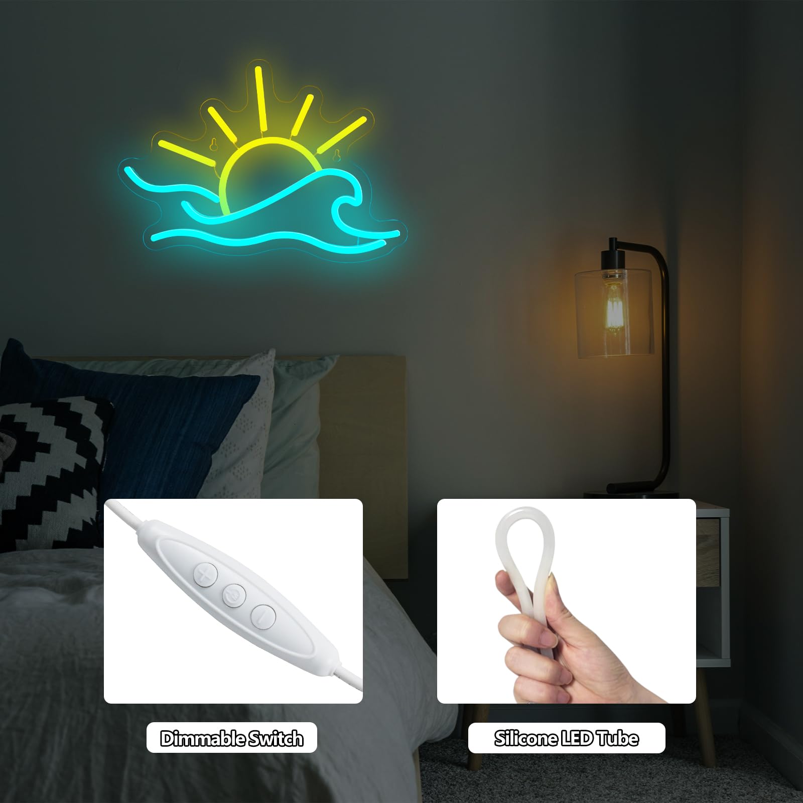 Panneau néon tropical avec lever de soleil dimmable, arbre de palme, lumière néon USB, cocotier côtier, néon LED, impression UV, mer, plage, art mural, panneaux lumineux pour la maison, bar, fête sur