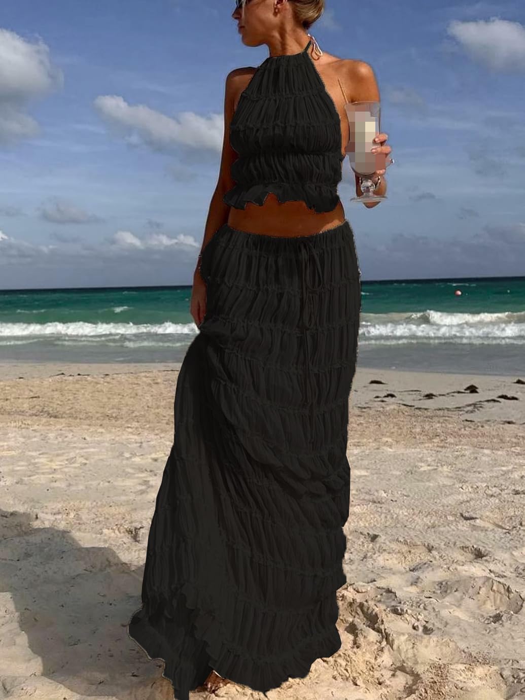 Womens Y2k Maxi Skirt Set Backless Lace Halter Crop Top and Long Skirt Sets Beach Cocktail Club Dress 2 PCS Outfit - Image 3