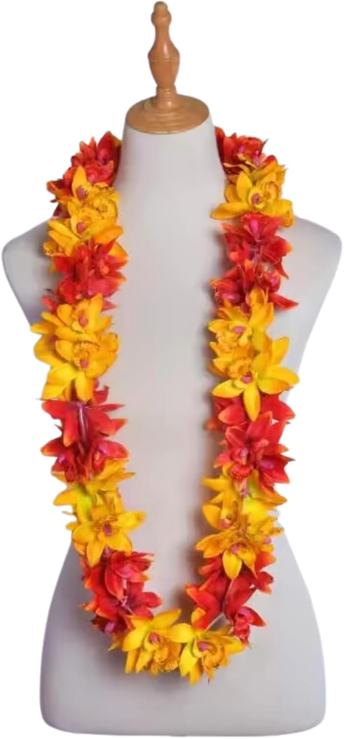 Generic Premium Graduation Lei - Real Touch Silk Orchid Lei for Hawaiian Luau, Tropical Party, Artificial Flowers in Purple, Yellow, and Red-Orange with Gold Accents (Red-Orange and Gold), HL00053A