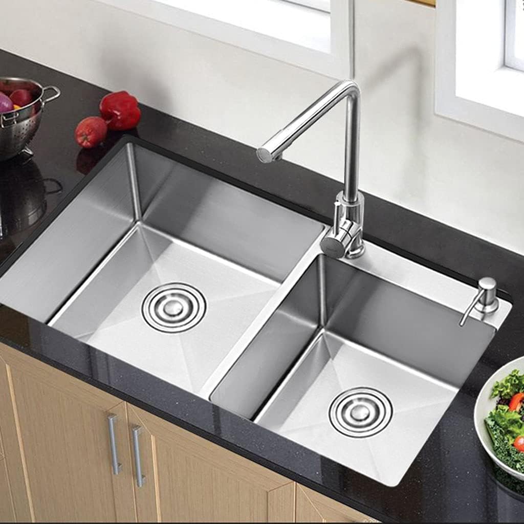 Lavello da Cucina in Acciaio Inox Fatto a Mano con 2 Fori Doppio Lavello con kit di scarico e filtro cestello, 78 * 43 * 20cm (Argento)