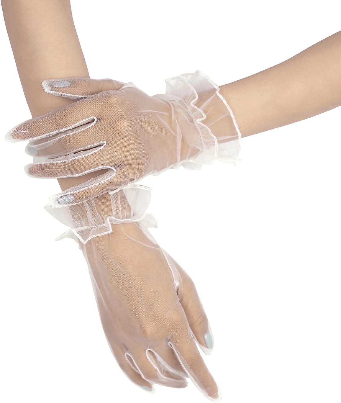 QRBTSCL Women's Ruffled Tulle Mesh Gloves Wedding Party Gloves Short Prom Evening Gloves