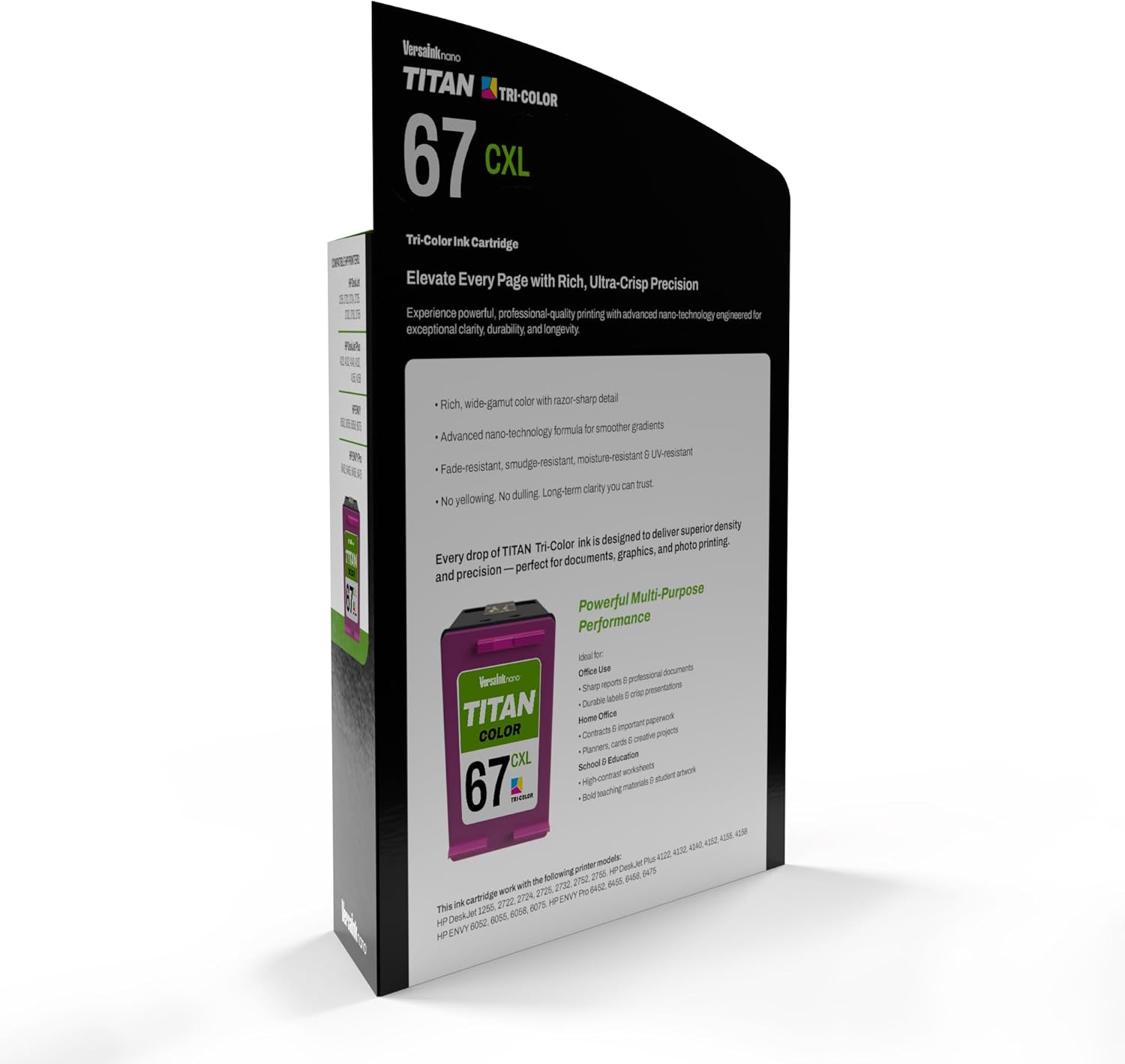 VersaInk-Nano HP 67 CXL Titan Tri-Color Ink Cartridge Replacement of HP 67 and 67 XL, Works with HP DESKJET 2723,2734,2755,2855,4133,4155,4255, Envy 6055,6075,6455,6475