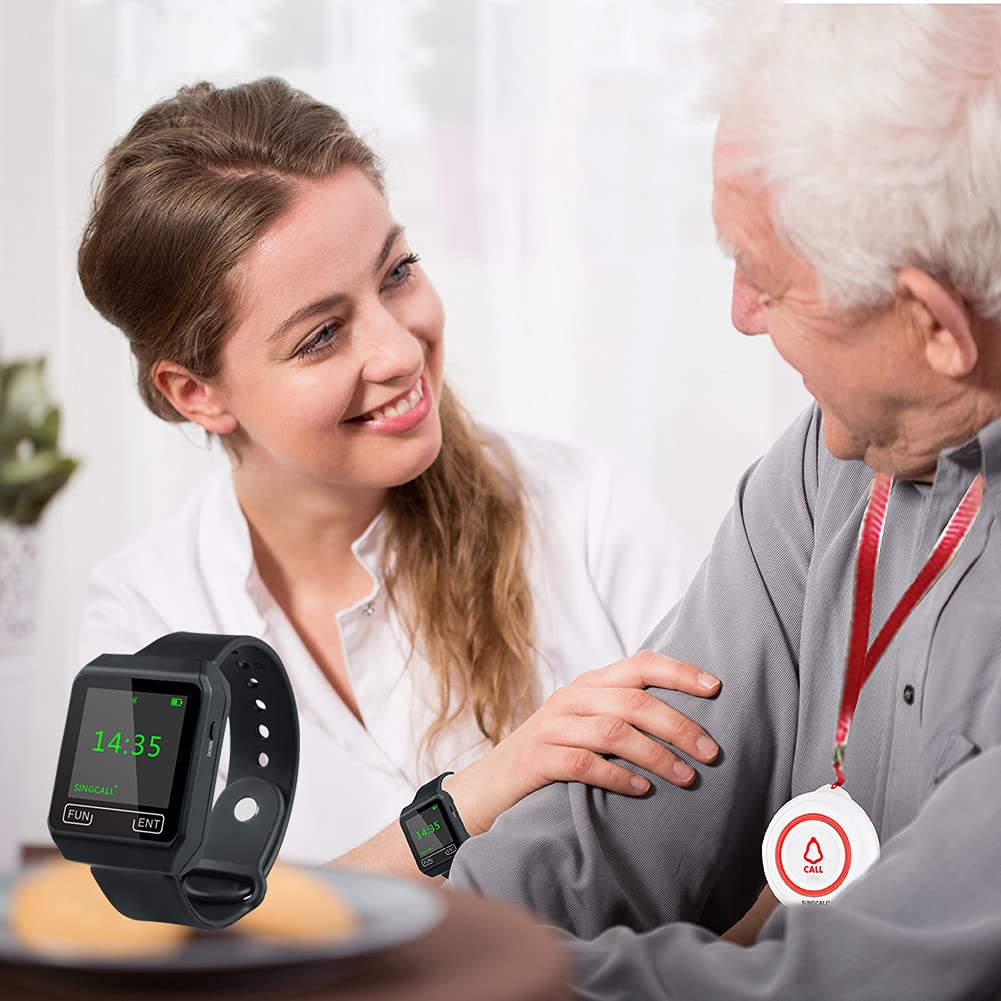 SINGCALL Buscapersonas Inalámbrico para Cuidadores System de Llamadas Inteligentes para el Hogar / Ancianos / Pacientes / Discapacitados Buscapersonas 1 Receptor Móvil 2 Botones de Llamada