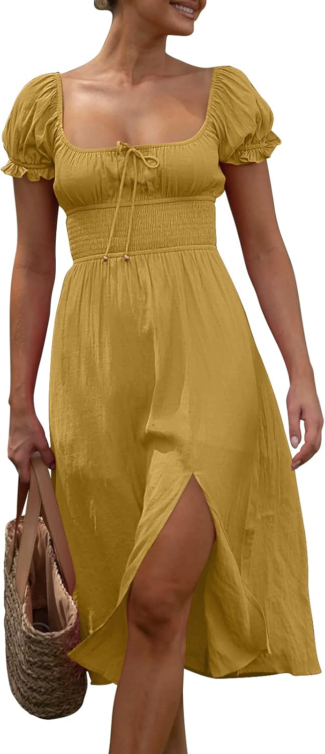 LILLUSORY Women's 2023 Summer Cottagecore Dresses Square Neck Puff Sleeve Midi Split Beach Dress X-Large Yellow
