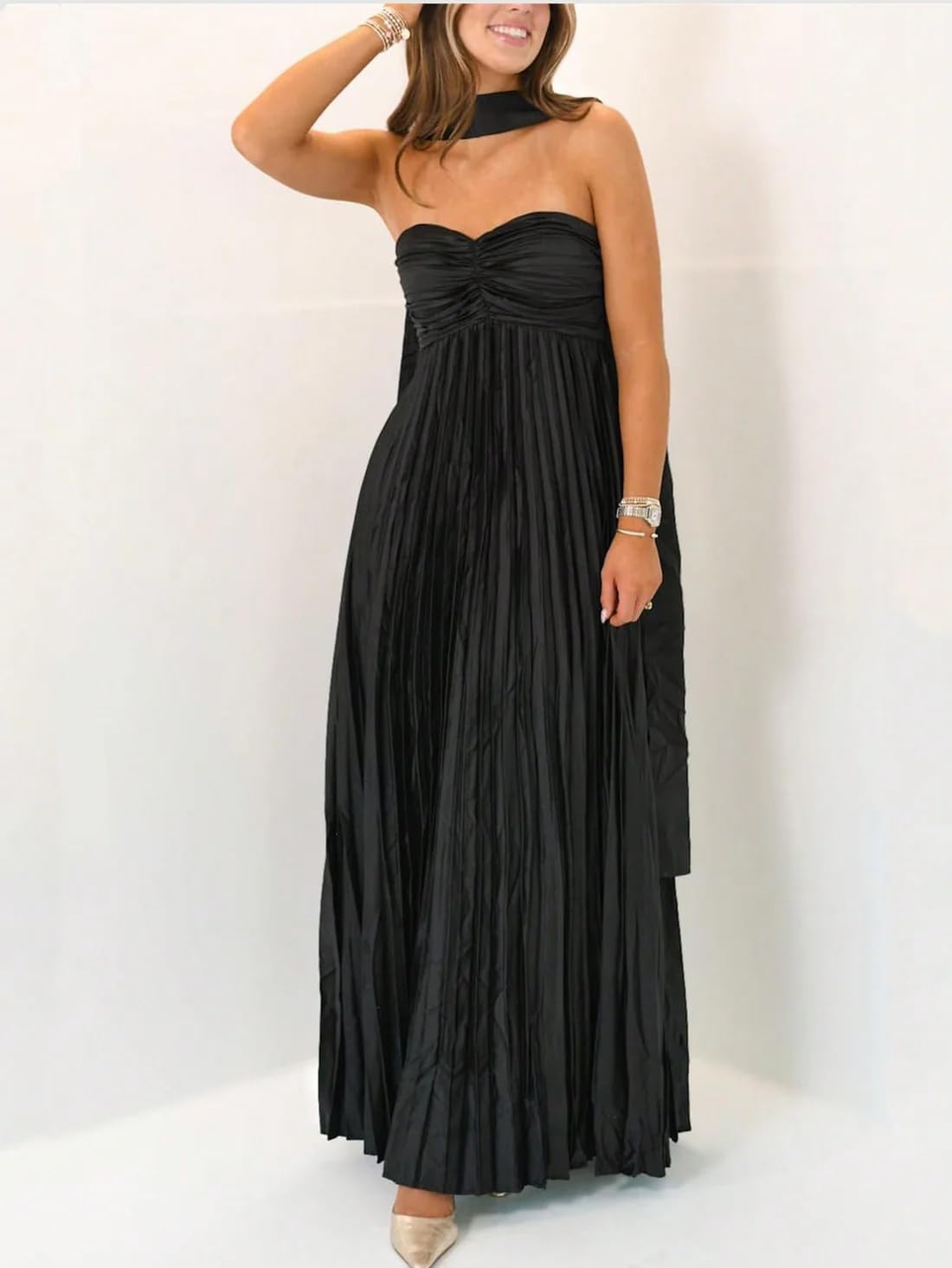 Women Bridesmaid Dresses with Scarf Strapless Pleated Flowy Solid Long Formal Wedding Guest Dress Womens Fall Dresses - Image 2