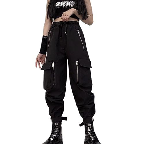 MEINVQIAOTI Black Cargo Pants Women Loose Chained Multi-Pocket Multi-Zip Punk
