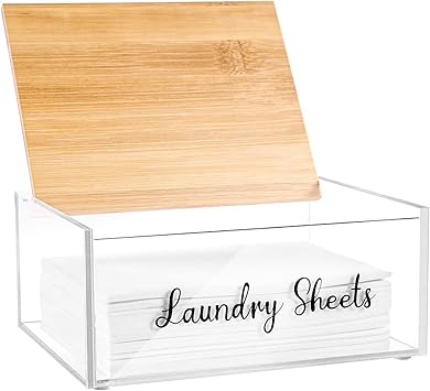 VOTLEVT Acrylic Laundry Detergent Sheets Holder with Bamboo Lid, Laundry Soap Sheets Container Box Dispenser for Laundry Room