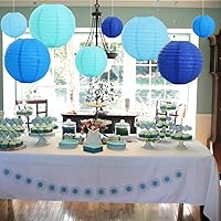 Vista 5 de BEISHIDA 16 piezas de linternas de papel redondas azules y blancas decorativas para colgar, linternas de papel chinas y japonesas de Asia, lámpara