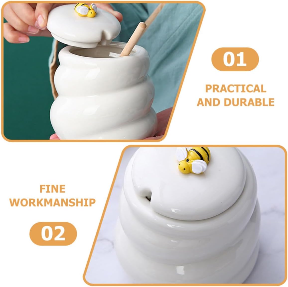 VILLCASE White Ceramic Honey Jar with Lid and Dipper Stick, 415ml image 3
