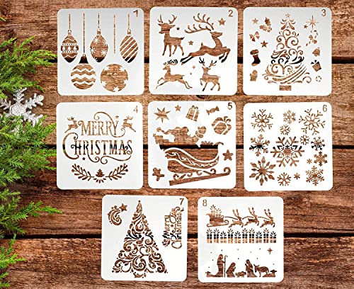 BTORER 8Pcs Christmas Stencils Template Plastic Craft Stencils for Painting Wood, Spraying Door Window, Journal Scrapbook Cards Making, DIY Xmas Decoration(5 x 5inch)