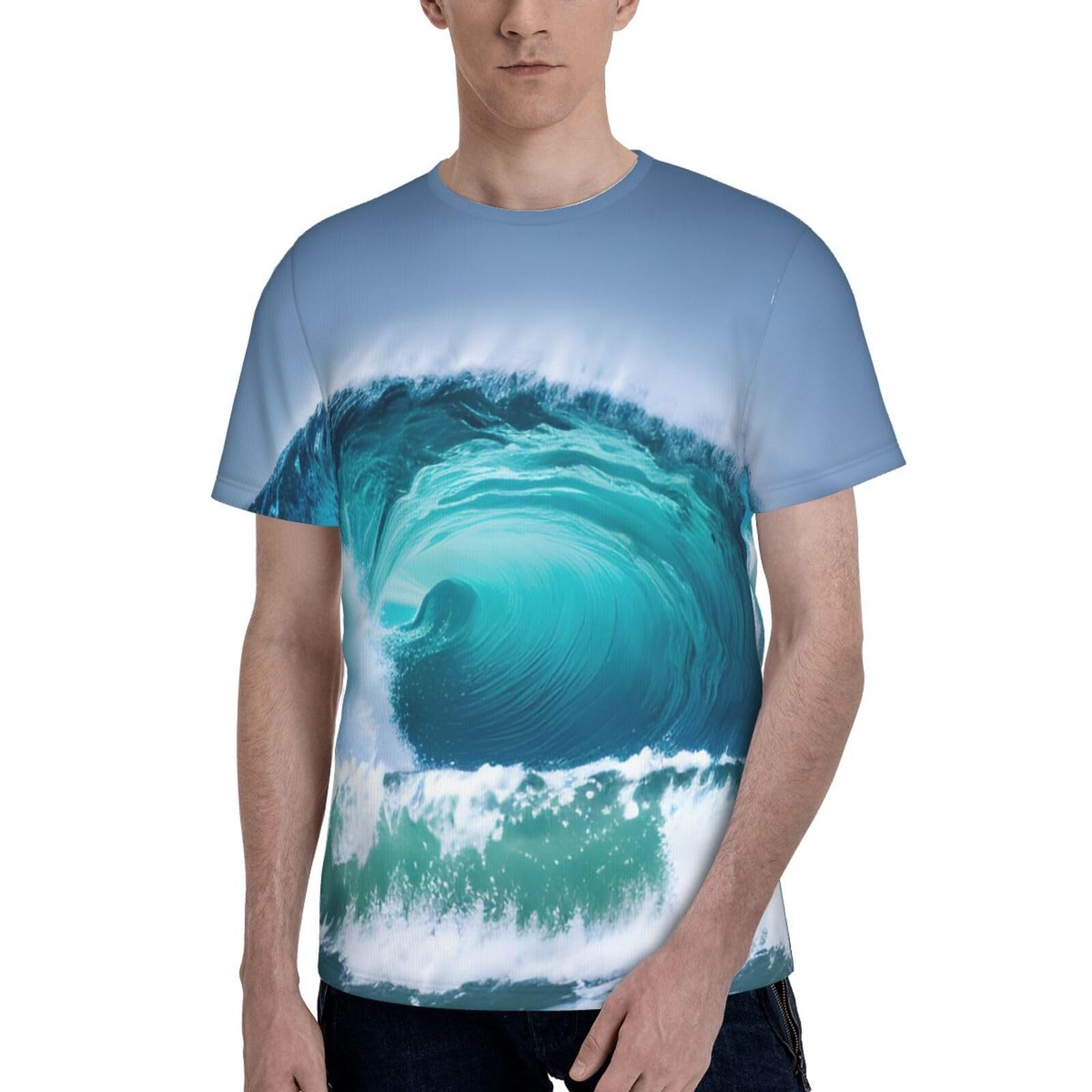 Ocean Wave Print Men's Fit T Shirts Athletic Running Gym Workout Short Sleeve Tee Shirt for Men, Black, Medium
