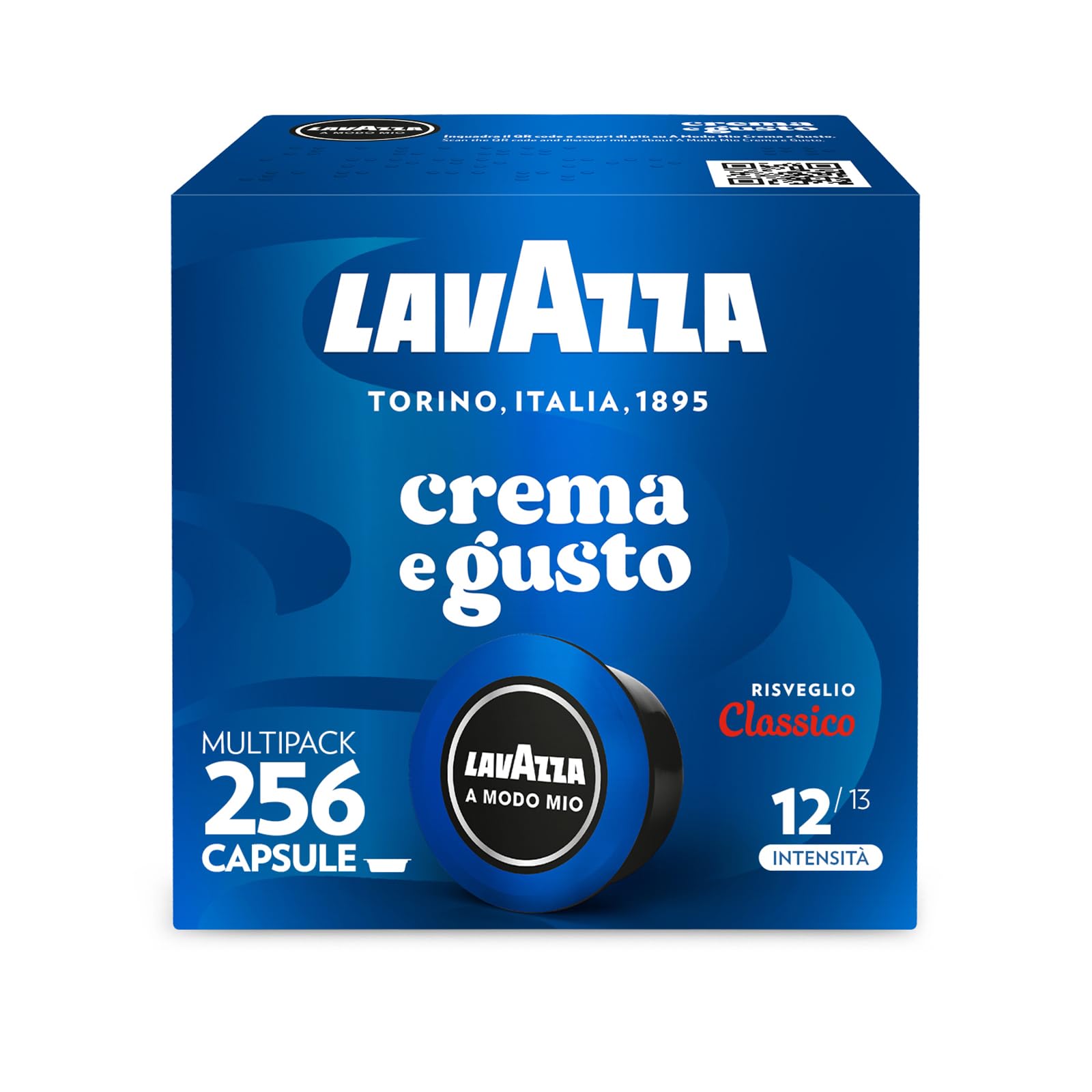 Lavazza, A Modo Mio Crema e Gusto Classico, 256 Coffee Capsules, for an Espresso with Notes of Chocolate and Dried Fruits, Arabica and Robusta, Intensity 12/13, Medium Roasting, 16 Packs of 16