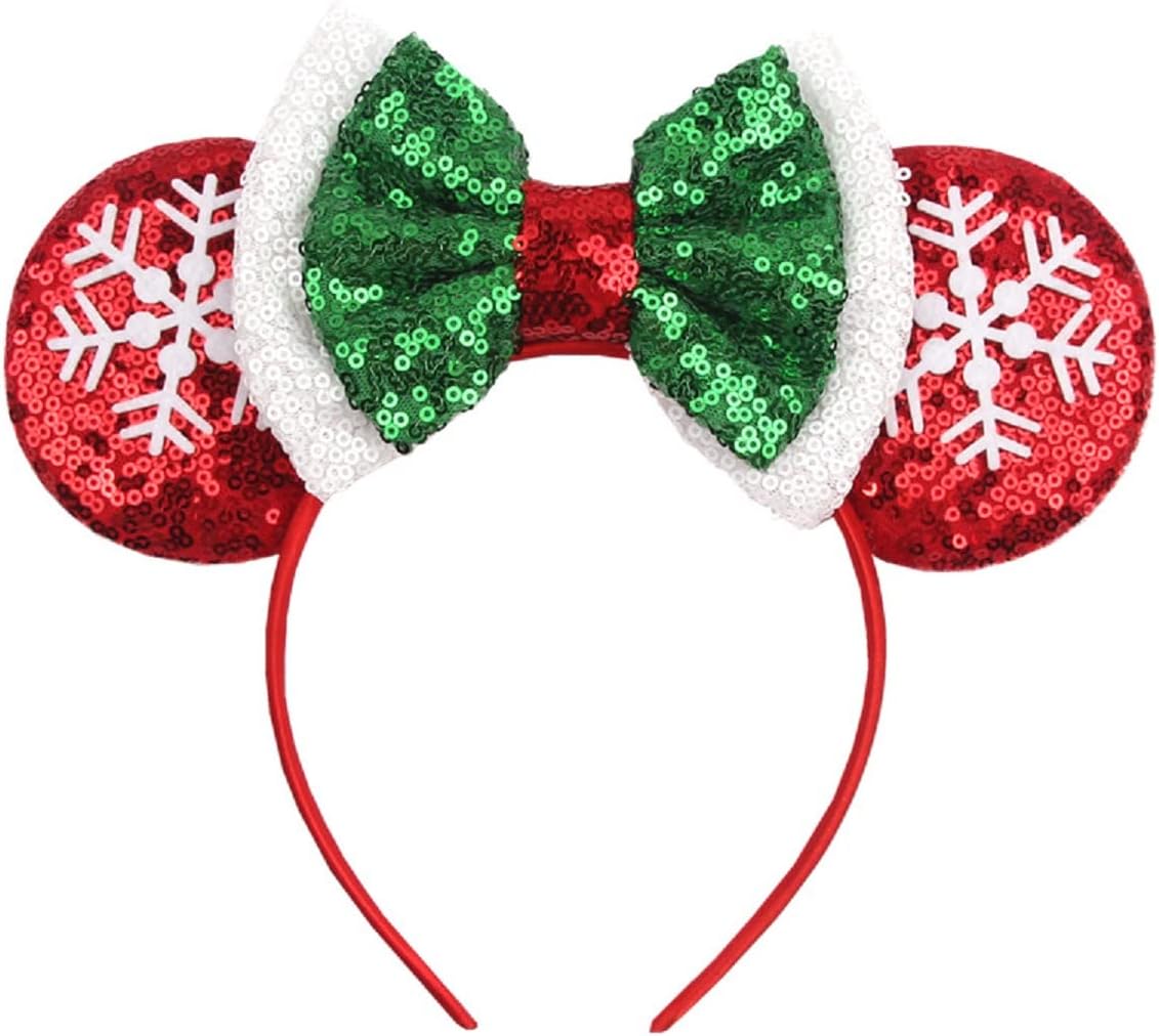 LSHDXD Christmas Mouse Ears Bow Headband Hair Hoop, Glitter Snowflake Hair bands for Christmas Party Supplies Hot Pink Princess Dress Up