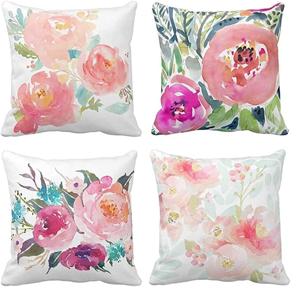ZHILING Set of 4 Cushion Covers 45 x 45cm Peonies Summer Watercolor Floral Pink Flower Girly Pastel Mint Colorful Decorative Throw Pillow Covers Home Decor Square 18x18 Inches Throw Pillow Cases