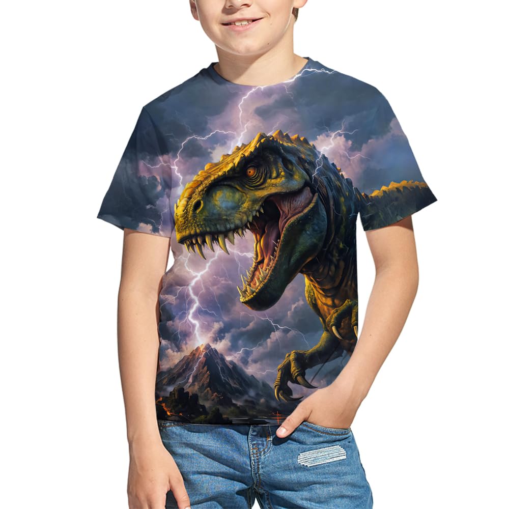 Kids 3D Print Graphic Tees Funny Cartoon Dinosaurs Short Sleeve T Shirts for Youth Boys Girls 4-14 Years