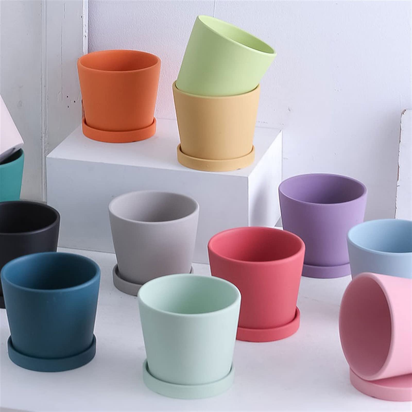HIHELO Donice Ceramiczna okrągła doniczka z otworami drenażowymi sukulenty kaktus orchidea doniczka doniczkowa prosta z tacą doniczka do przedszkola (kolor: szary)