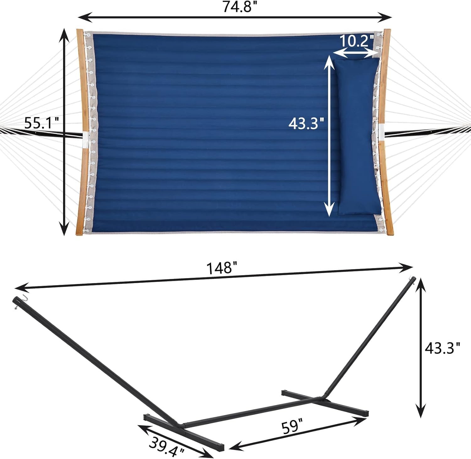 SUPERJARE 12FT Double Hammock with Stand, 2 Person Quilted Fabric Hammock with Detachable Pillow, Portable Hammock with Carrying Bag, Perfect for Patio, Camping Indoor and Outdoor - Navy Blue : Patio, Lawn & Garden