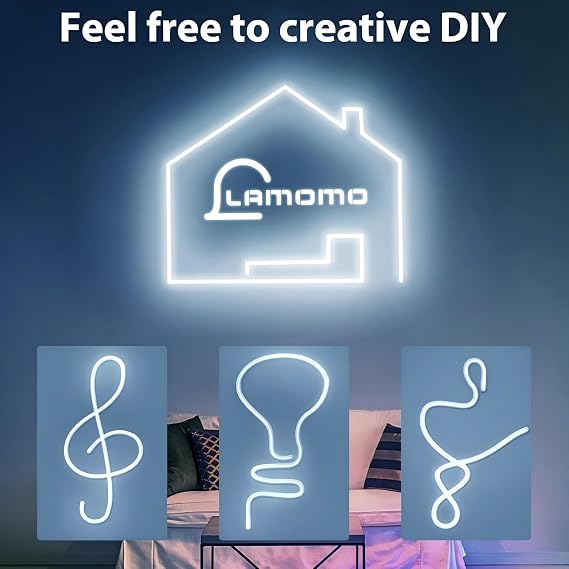 Lamomo White Led Strip Lights 32.8Ft, 2 Roll Neon Rope Strip 0.39In/Cut, 12V Flex Waterproof Silicone DIY Neon Sign for Kitchen Bedroom Commercial Decor, 6mm Width(Power Adapter not Included)