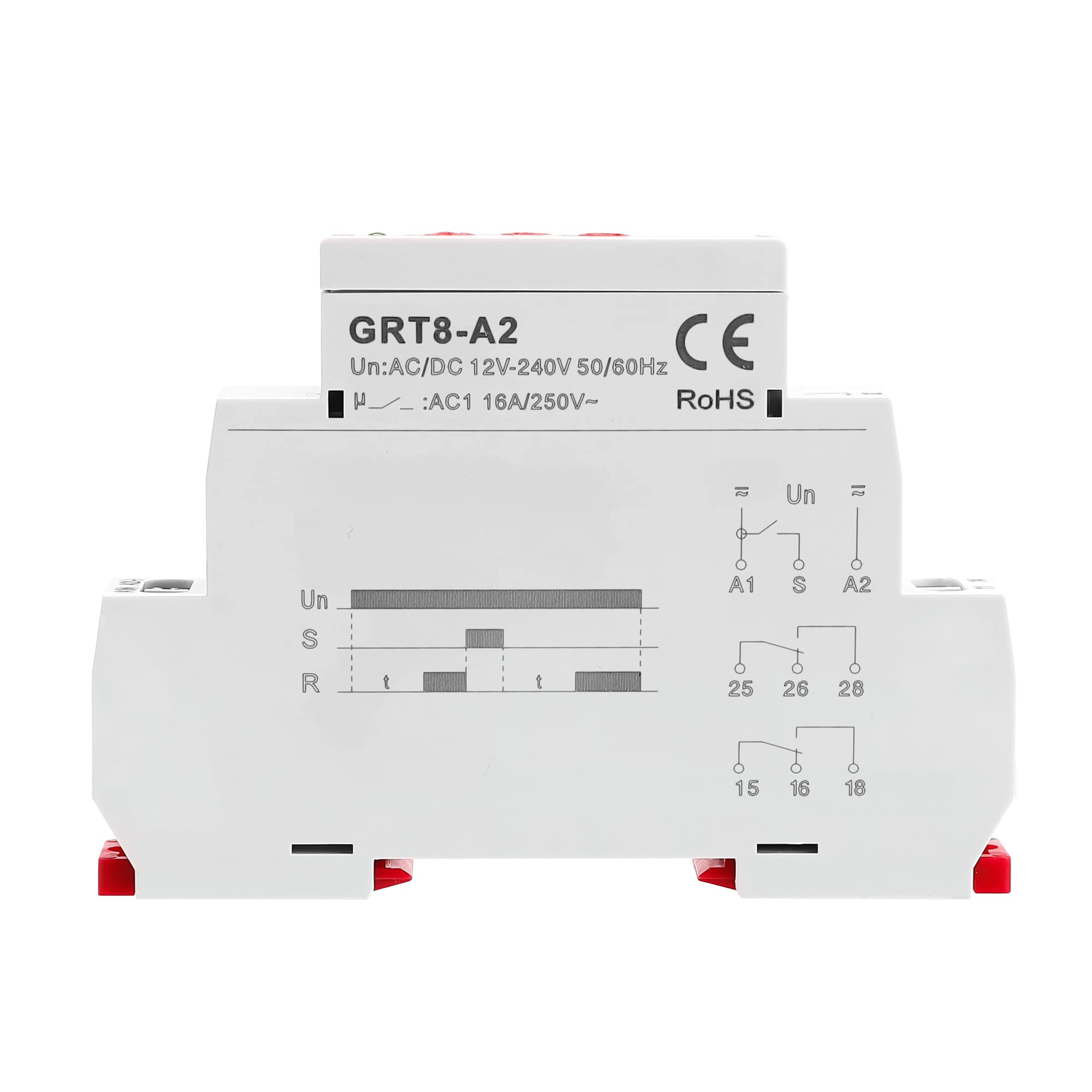 GEYA Retraso encendido Relé de tiempo de función única 2Contactos 16A electrónico Retardo encendido temporizador relé (GRT8-A2,AC/DC12V-240V)