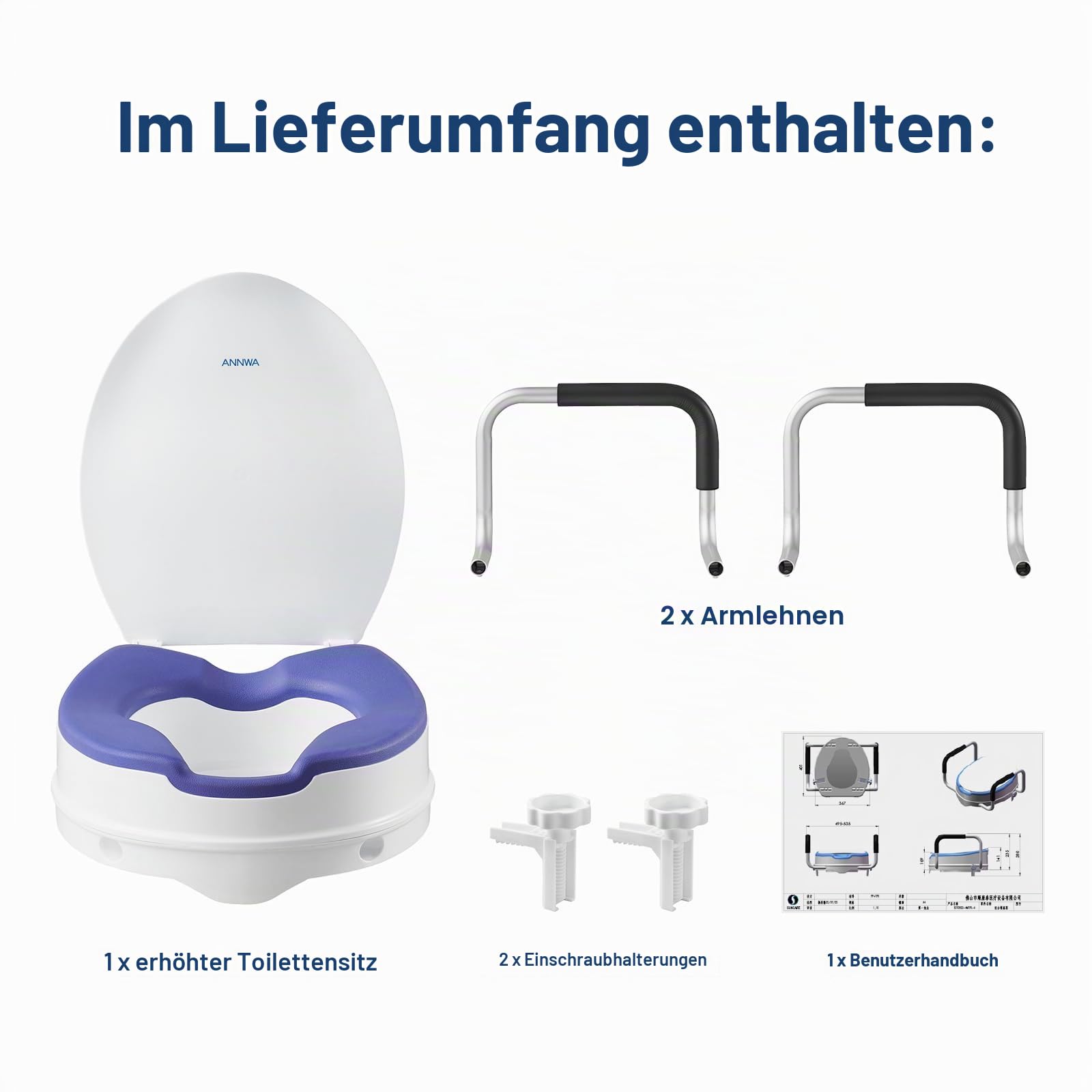 Toilettensitzerhöhung für Erwachsene mit Armlehnen und Deckel, erhöhter Toilettensitz für Erwachsene, WC-Sitz mit Deckel, Toilette nach Operation (N1FYT16)