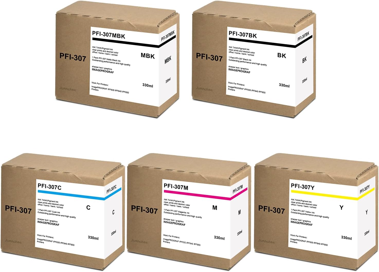 PFI-307 Ink Cartridges Replacement for Canon PFI-307MBK PFI-307BK PFI-307C PFI-307M PFI-307Y for imagePROGRAF iPF830 iPF840 iPF850 CAD Plotter (5-Pack, Matte Black/Black/Cyan/Magenta/Yellow)