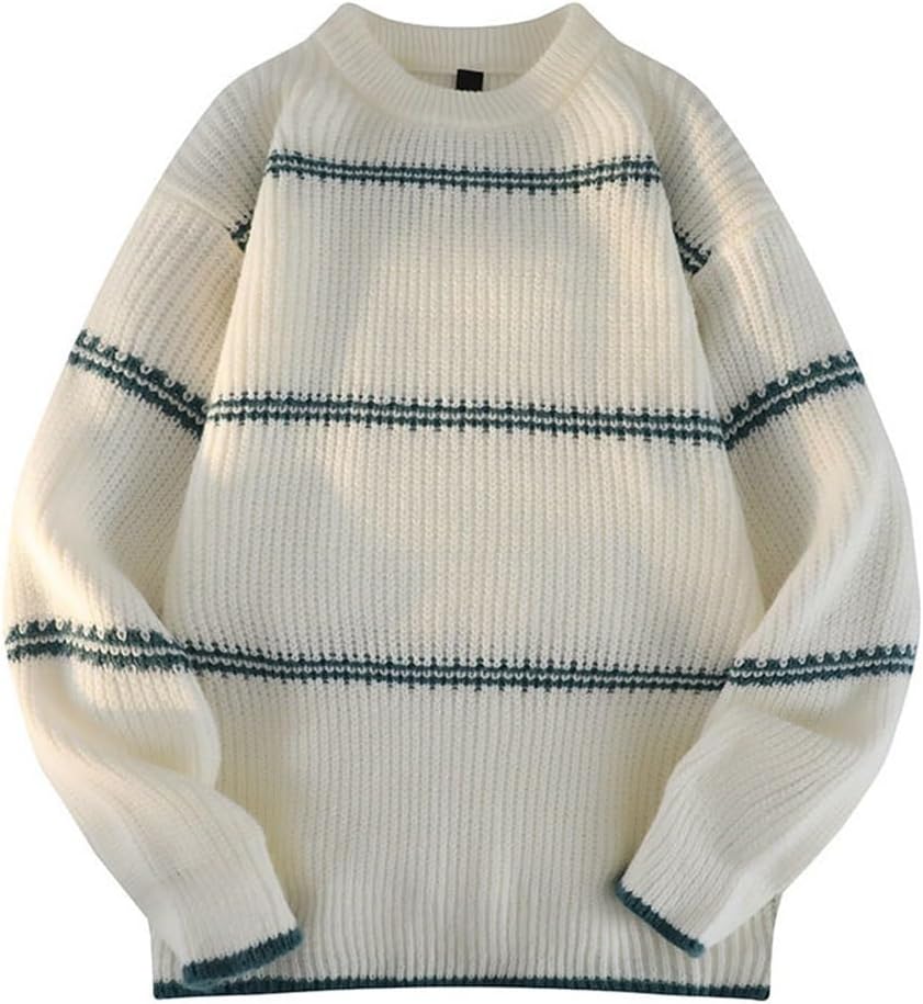 JSEIAJB Autumn and Winter Loose Crew Neck Clothes Men's Trendy Thick Knit Coat Striped Sweater Men's