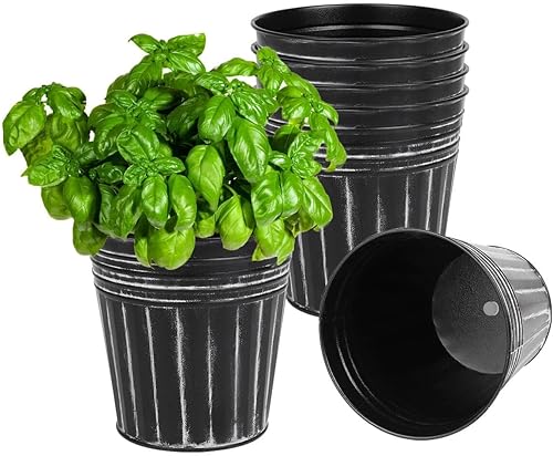Miniatura 5 de vensovo Macetas rústicas de metal de 6 pulgadas, 6 macetas galvanizadas medianas de color gris y verde con orificio de drenaje y tapón de goma,