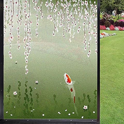 Koi Fish Frosted Window Film Window Film Privacy,Japanese Koi Fish Painting Style Hanging Cherry Flowers Floating Leaves Bulk Window Tint for Bathroom Kitchen Room Office,Orange White 24" x 36" Cover