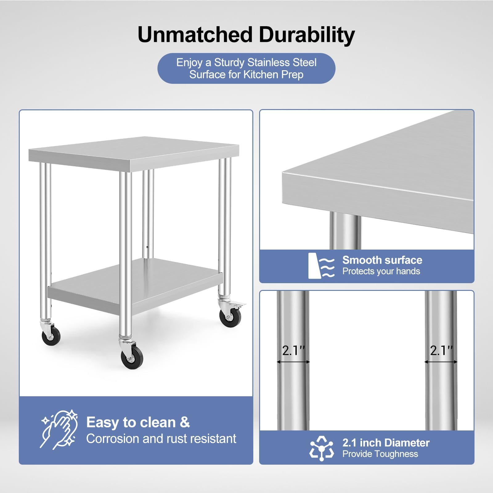 Mesa de Trabajo Acero Inoxidable 36 × 24 inch con Ruedas, Mesa Industrial Doble Estante sin Protector Trasero, Mesa Cocina Profesional