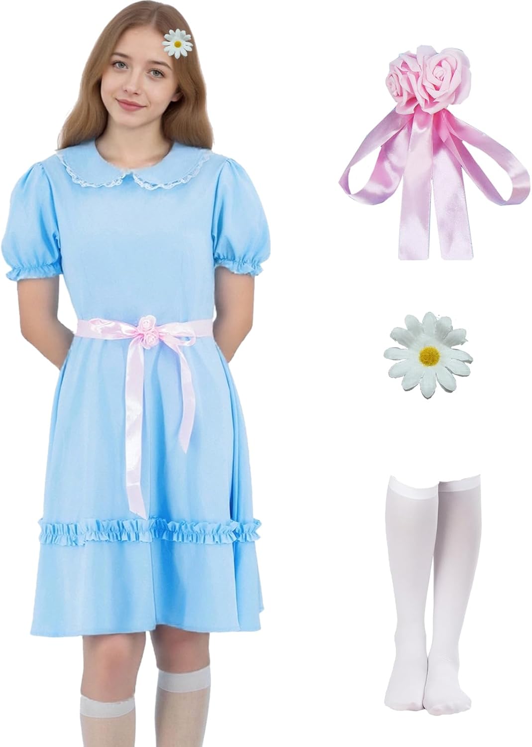 Grady Twins Costume Women Creepy Twin Sisters Dress Halloween Blue Puff Sleeves Cosplay Dress Daisy Hair Clip Set
