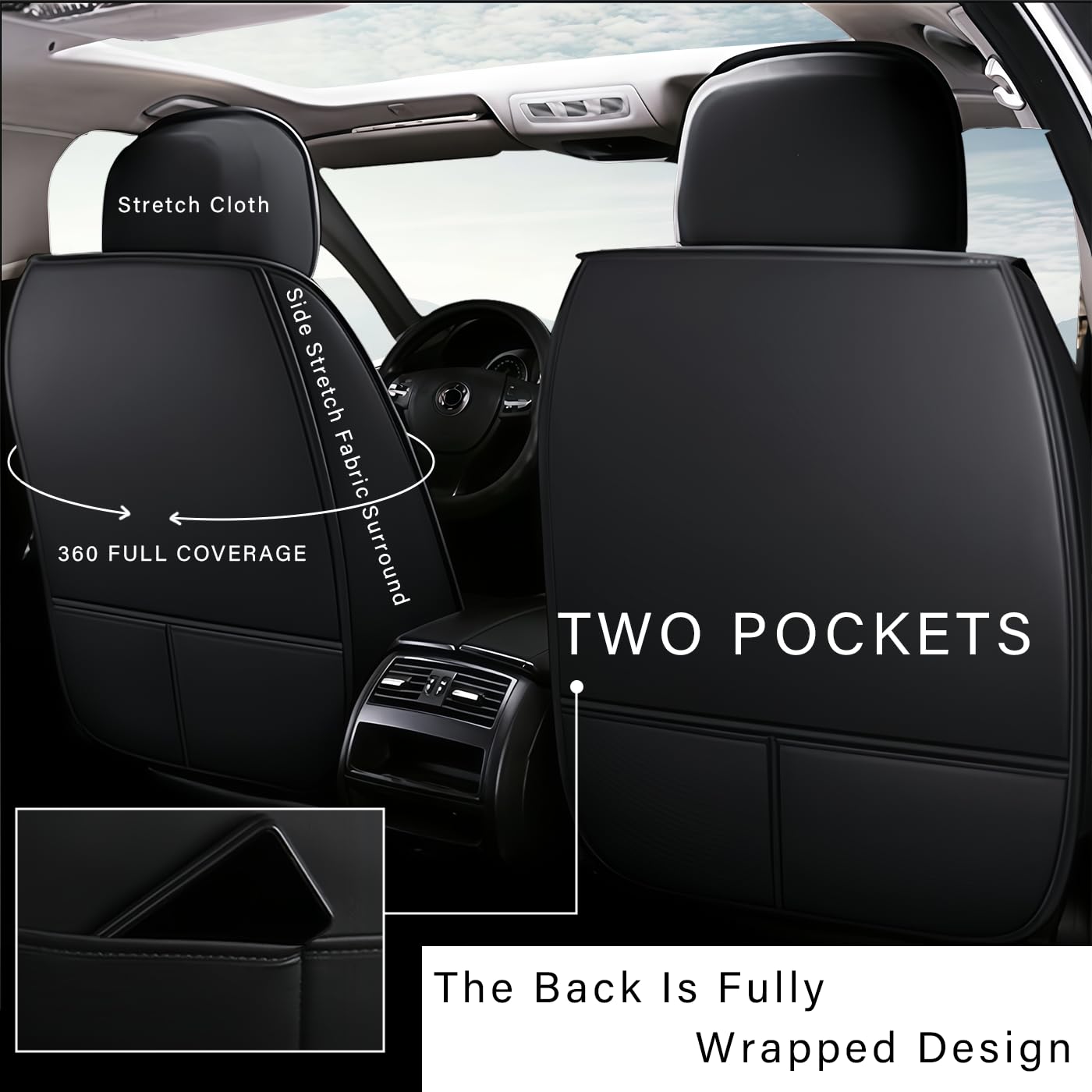 Fundas Asientos Coche para Jeep Wagoneer 2021-2025,Apto para 5 Asientos, Cojín De Asiento De Coche De Piel Sintética,Asiento De Coche Impermeable con Soporte Lumbar Y Reposacabezas