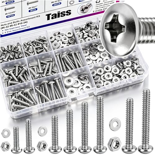 Taiss Machine Screws Nuts and Bolts Assortment Kit,304 Stainless Steel Bolts and Nuts Kit,#6-32#8-32#10-24 8 Sizes Phillips Pan Head Bolt and Nut &amp; Washers,237PCS Machine Screw Assortment