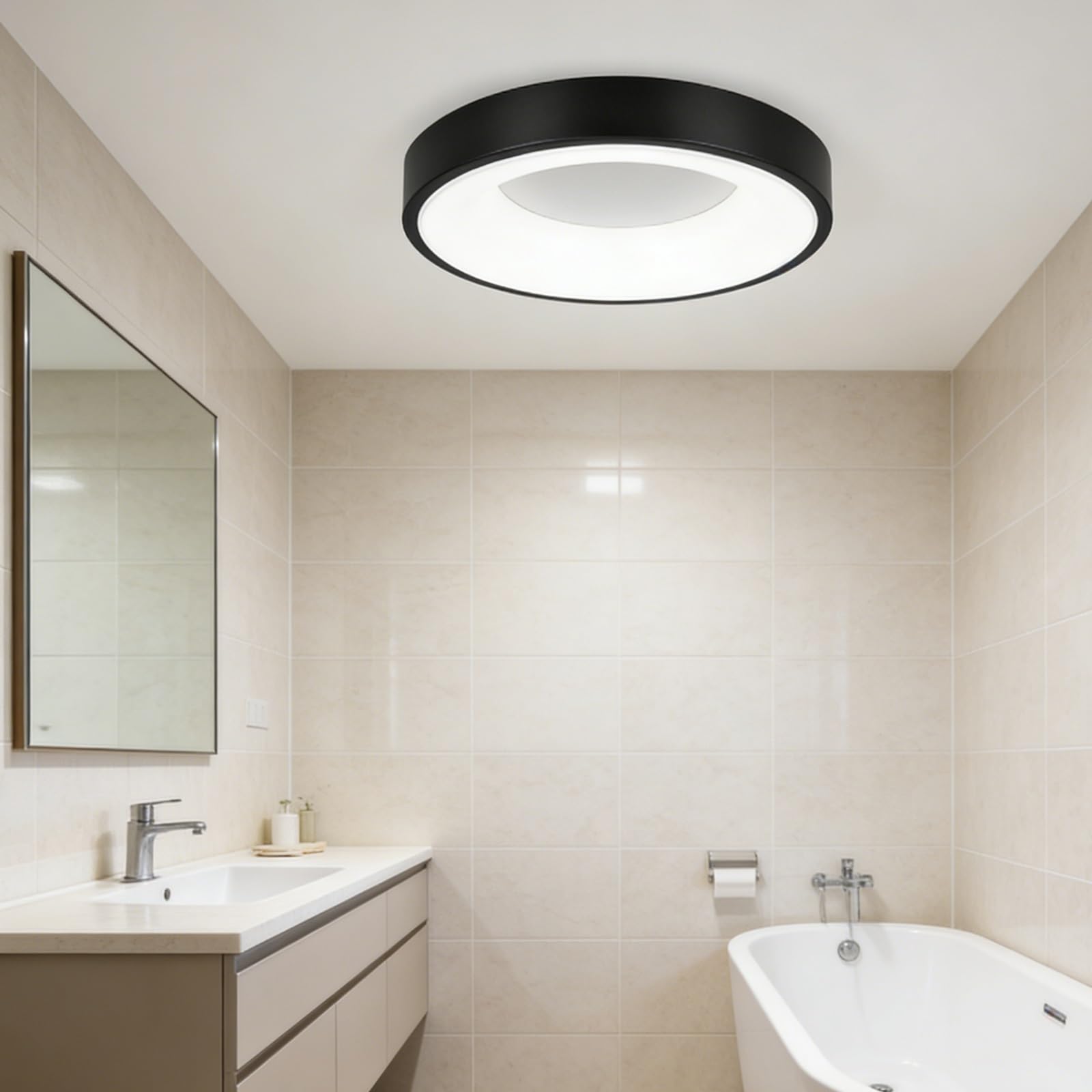 Szerokokątny Zakrzywiony Klosz 180° 6-calowy Okrągły Dysk LED Do Wbudowania Montażu Podtynkowego 30 W Lumenów Z 3-CCT 3000-4000-6000 K Builder Essential(Black,19.7in/50cm)