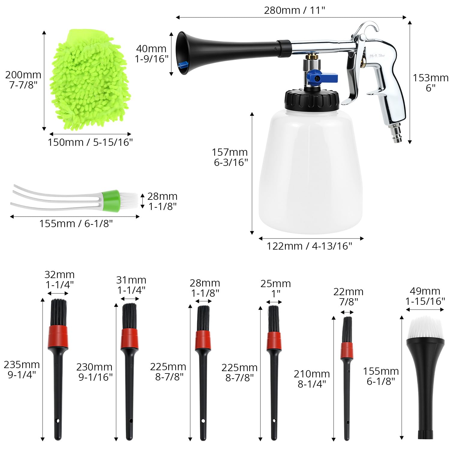 QWORK® Pistola do czyszczenia samochodów, 6,5-9,2Bar, z dyszą, rękawiczkami i szczotami, do wnętrza samochodów