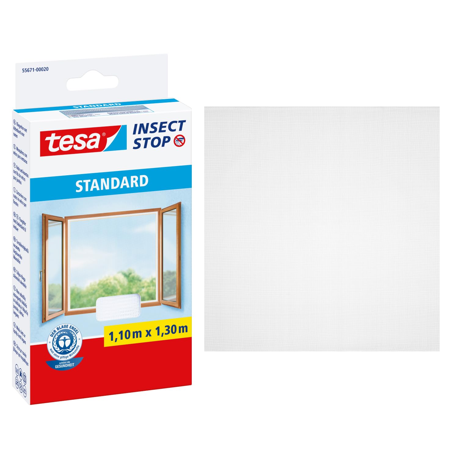 tesa Insect Stop Klett Fliegengitter für Fenster - Insektenschutz mit Klettband, zuschneidbar - Mückenschutz ohne Bohren - 1 x Fliegen Netz - 110 cm x 130 cm - Weiß