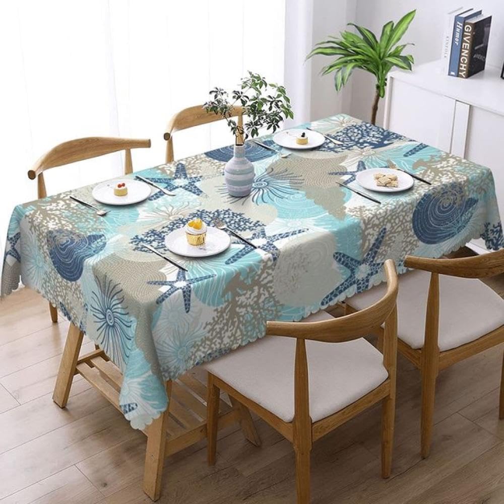 Nappe coquillage protège table de cuisine contre taches, déco marine lavable 85x85cm