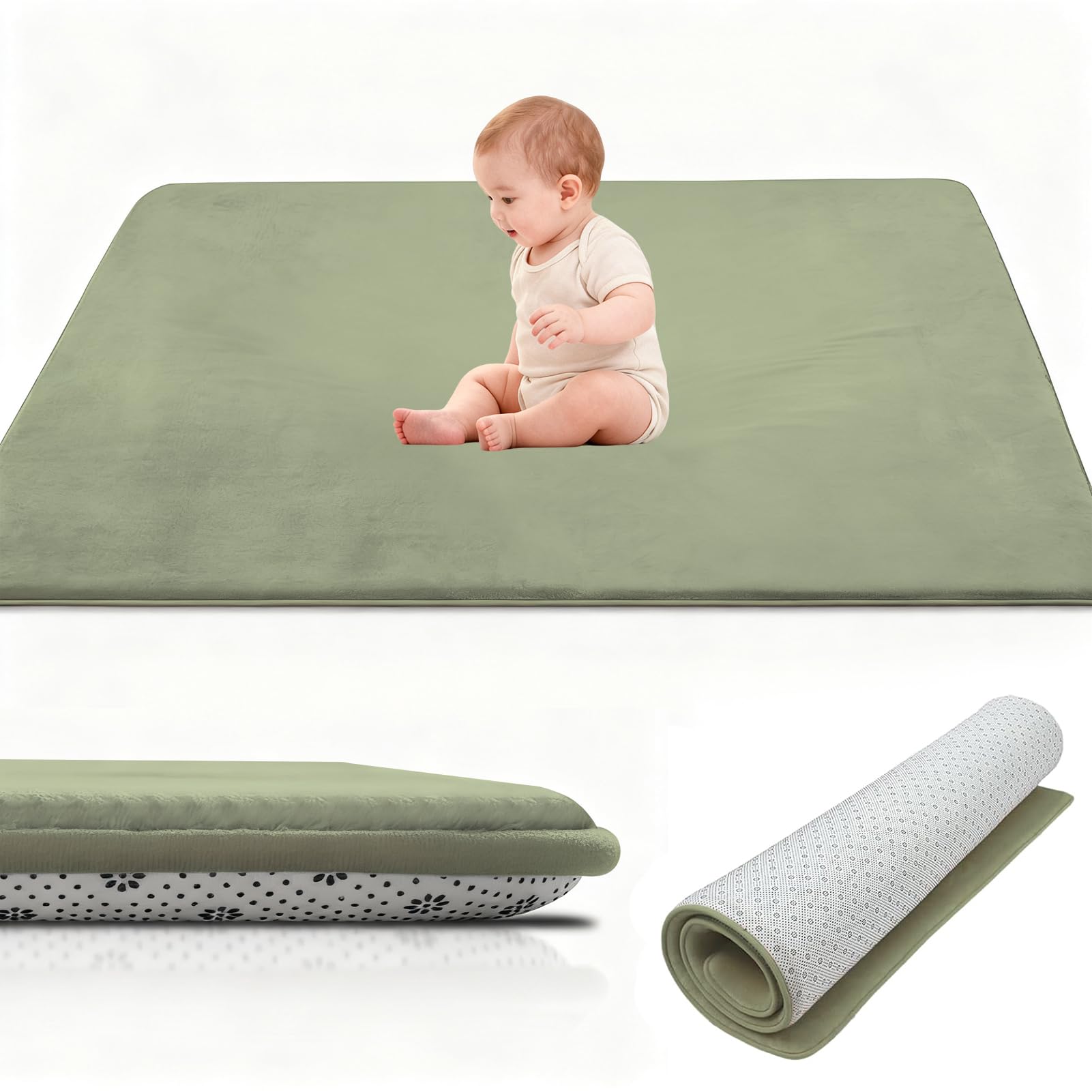 Stqyeiw Coral Velvet Thick Baby Play Mat, 2cm Memory Foam Rug, Baby Crawl Mat, Large Baby Activity Play Mat, Non Slip Children's Floor Tatami Rugs 150 x 180 cm Grass Green