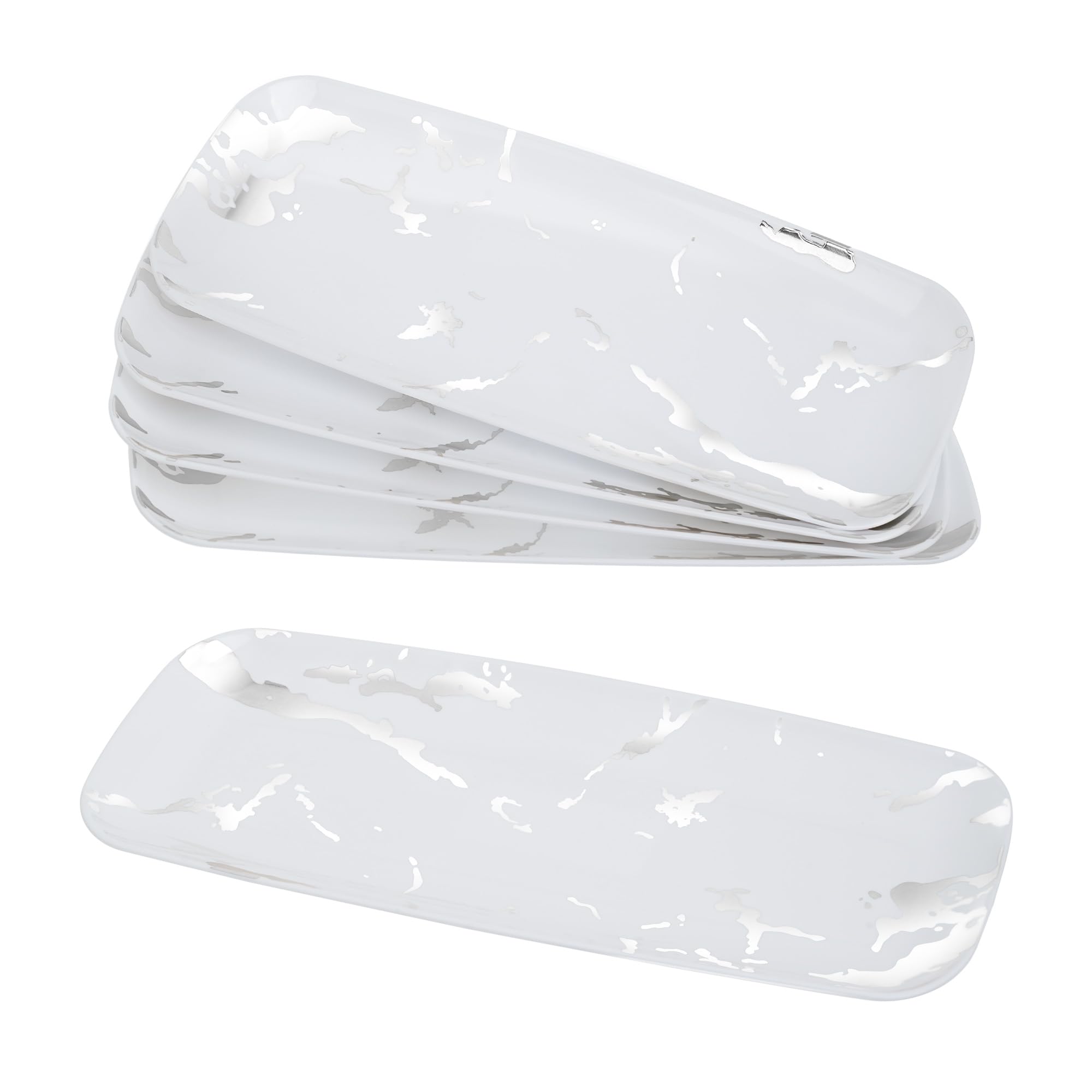 euro disposables Pack of 3 Rectangular Plastic Serving Trays 17.5" x 6.5" White and Silver Marble Design Party Plates Great for Wedding, Picnics, Parties, and Events (Large Serving Tray)