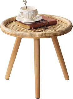 Small Side Table, Rattan Round Coffee Table, Boho Circle Side Tables End Table for Living Room, Mid Century Accent Table for Bedroom Balcony