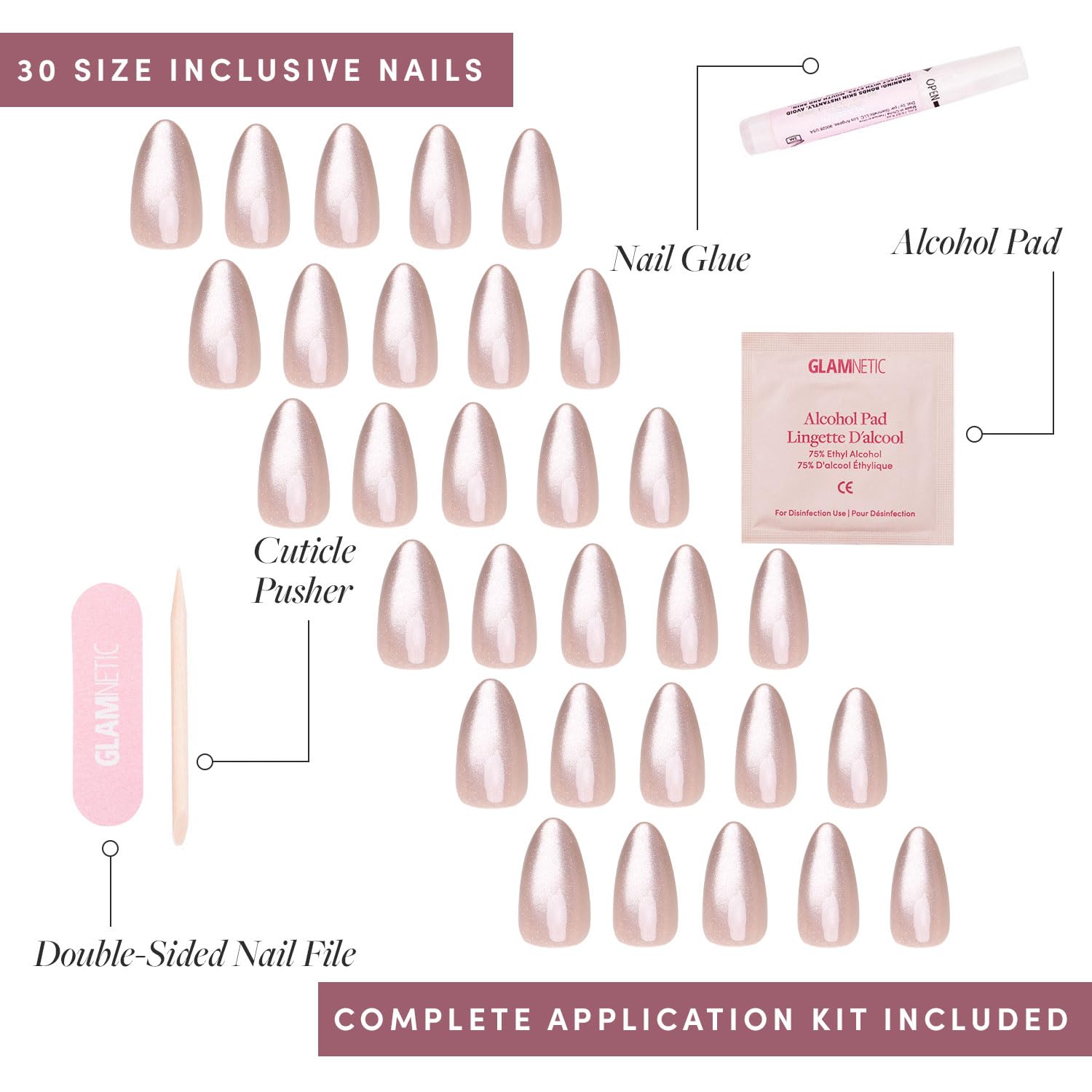 Glamnetic Press On Nails - The Vow | Short Almond Fake Nails, Nude with a Glossy, Velvet Finish, Salon Quality | 15 Sizes - 30 Nail Kit with Glue