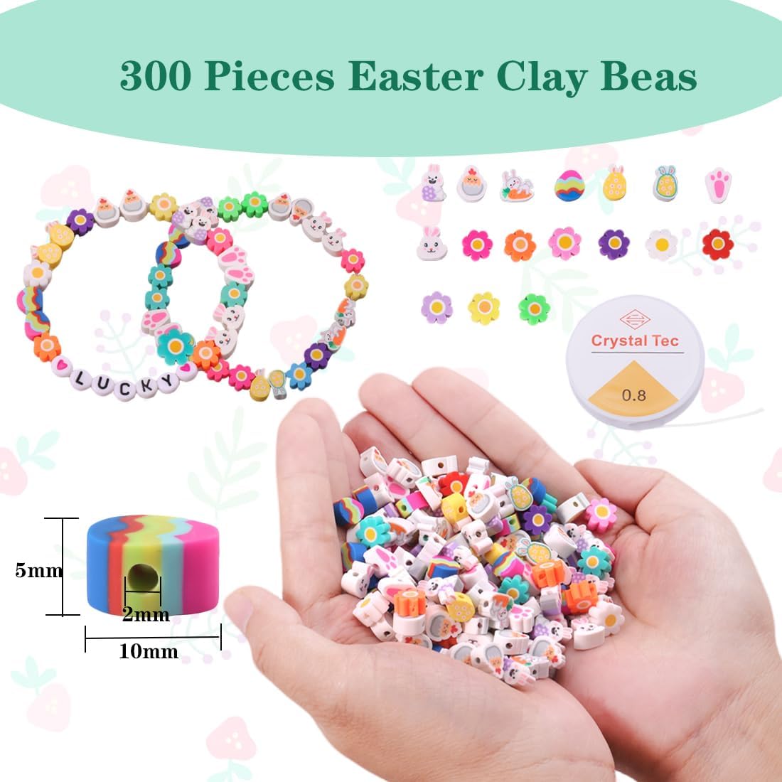 Easter Polymer Clay Bead for Bracelets, 300 Pieces Easter Beads Assorted Bunny Chick Egg Flower Shapes Beads Necklace Jewelry Making DIY Crafts - Image 2