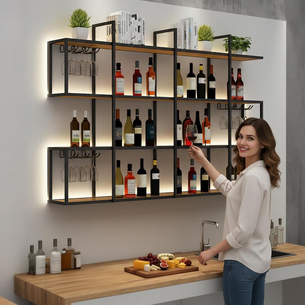 120CM Portabottiglie da parete con luce a LED, portabottiglie da parete in metallo a 4 ripiani con ripiani, industriale per la decorazione di bar e sala da pranzo (Black, 47.2IN)