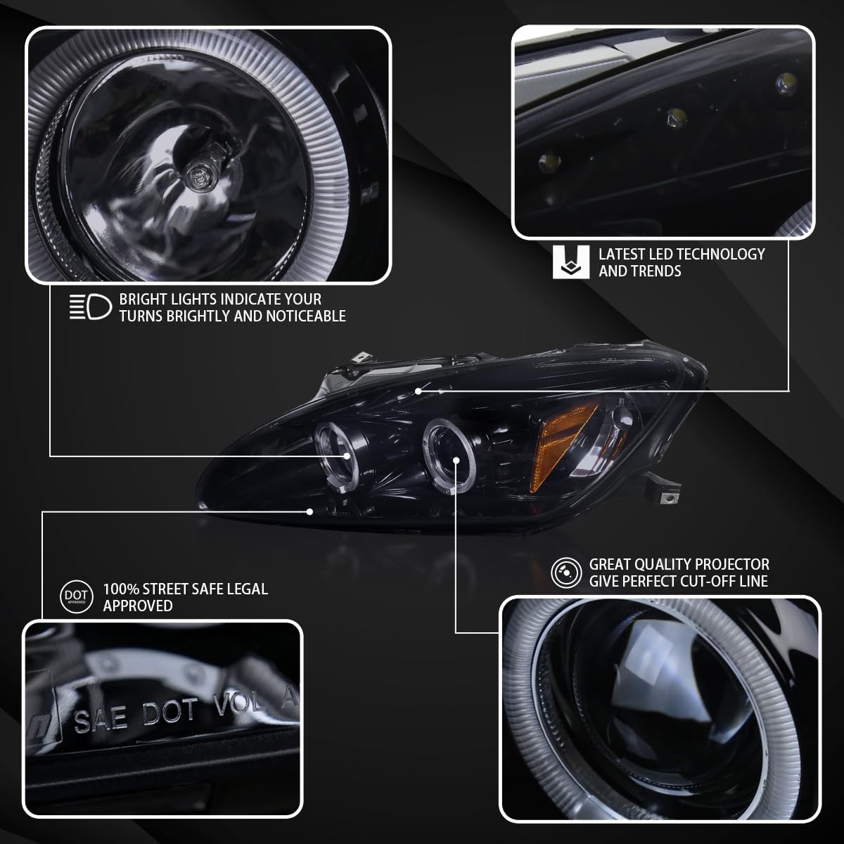 Autozensation Compatible with 2000-2003 Honda S2000 AP1, Left + Right Pair Headlamps Assembly, Halo + LED Projector Headlights Glossy Black Housing Smoke Lens