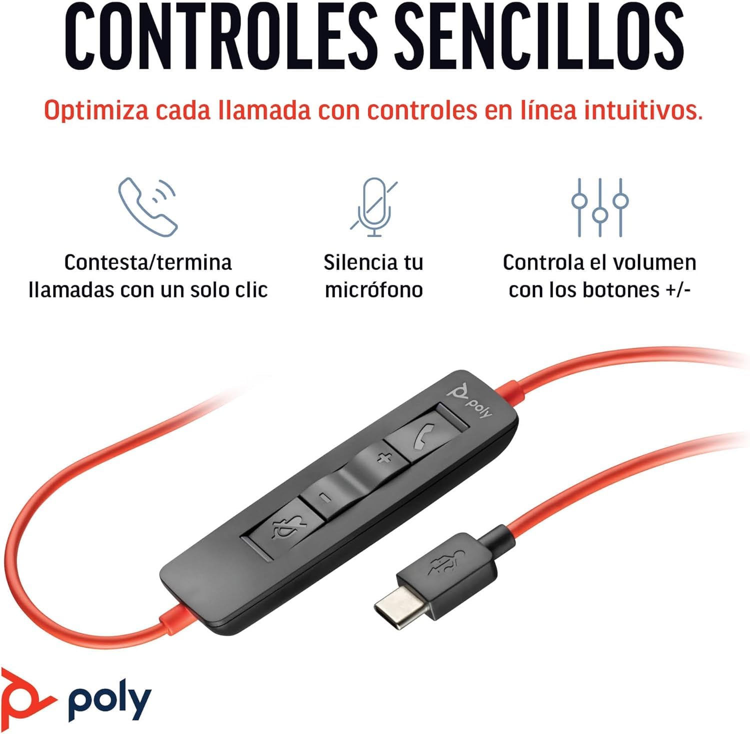 Auricular Poly Blackwire 3310 con cable - Brazo de micrófono flexible - Diseño monoaural - Conexión a PC/Mac mediante USB-C o USB-A - Funciona con Teams y Zoom